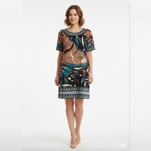 ​BCBGMAXAZRIA Avila Paisley Shift Mini Dress Turquoise Brown Size SP